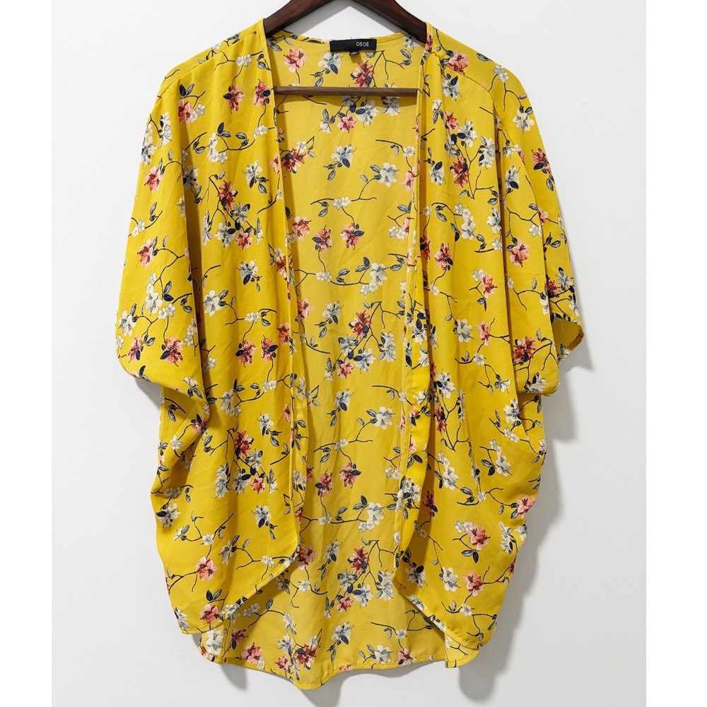 OBOE Kimono Cardigan Womens Large Yellow Floral Open Front Boho Cottagecore
